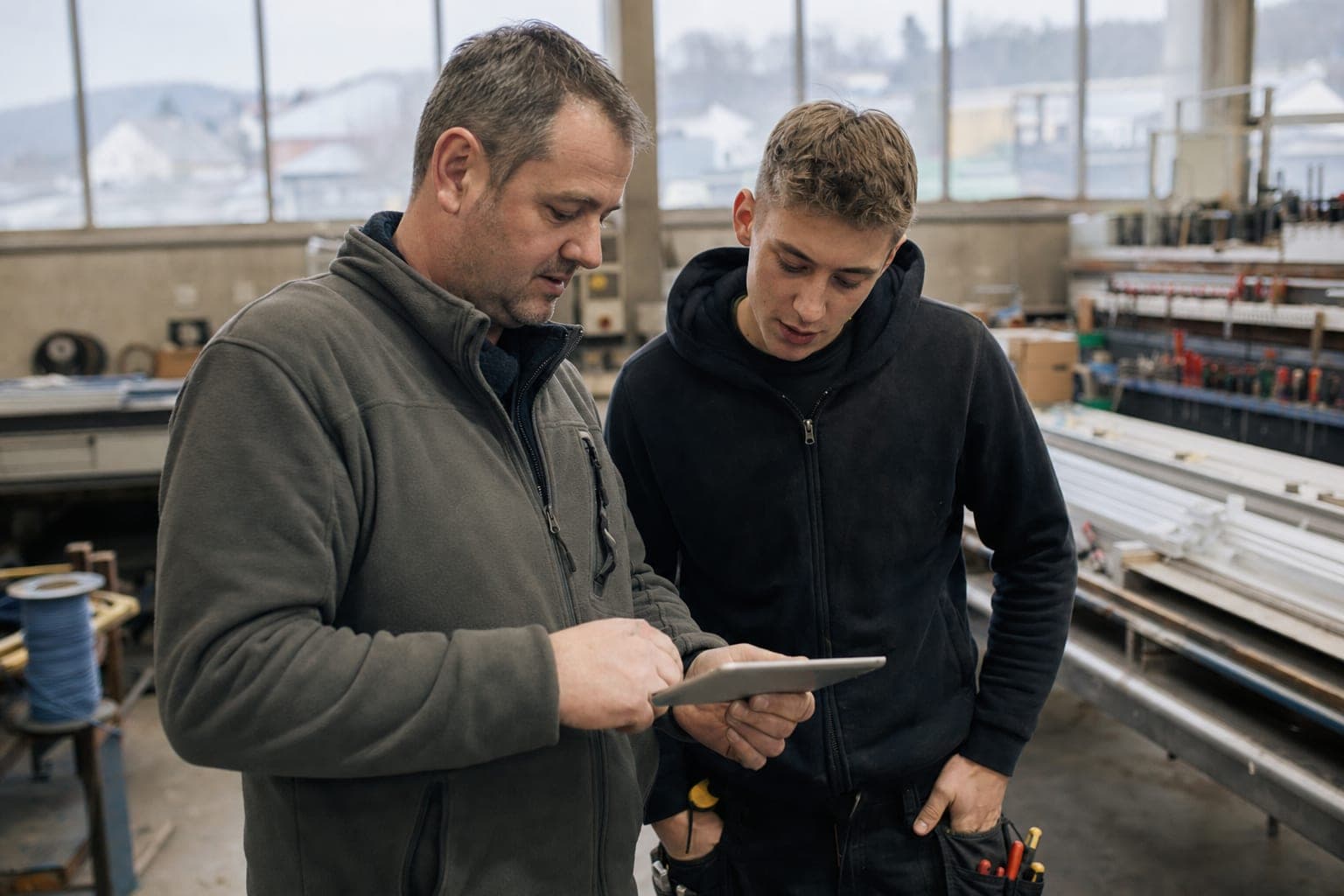 Betriebsinhaber und neue Fachkraft am Tablet in der Werkstatt