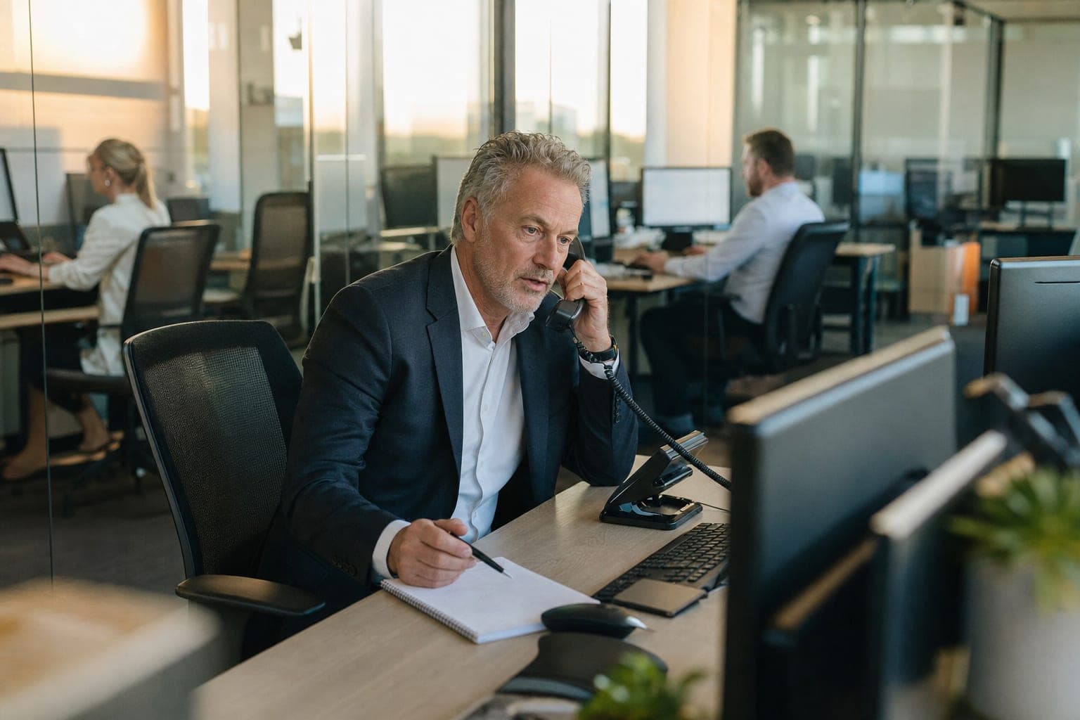 Recruiter im Büro am Telefon, daneben Notizblock und Tischapparat