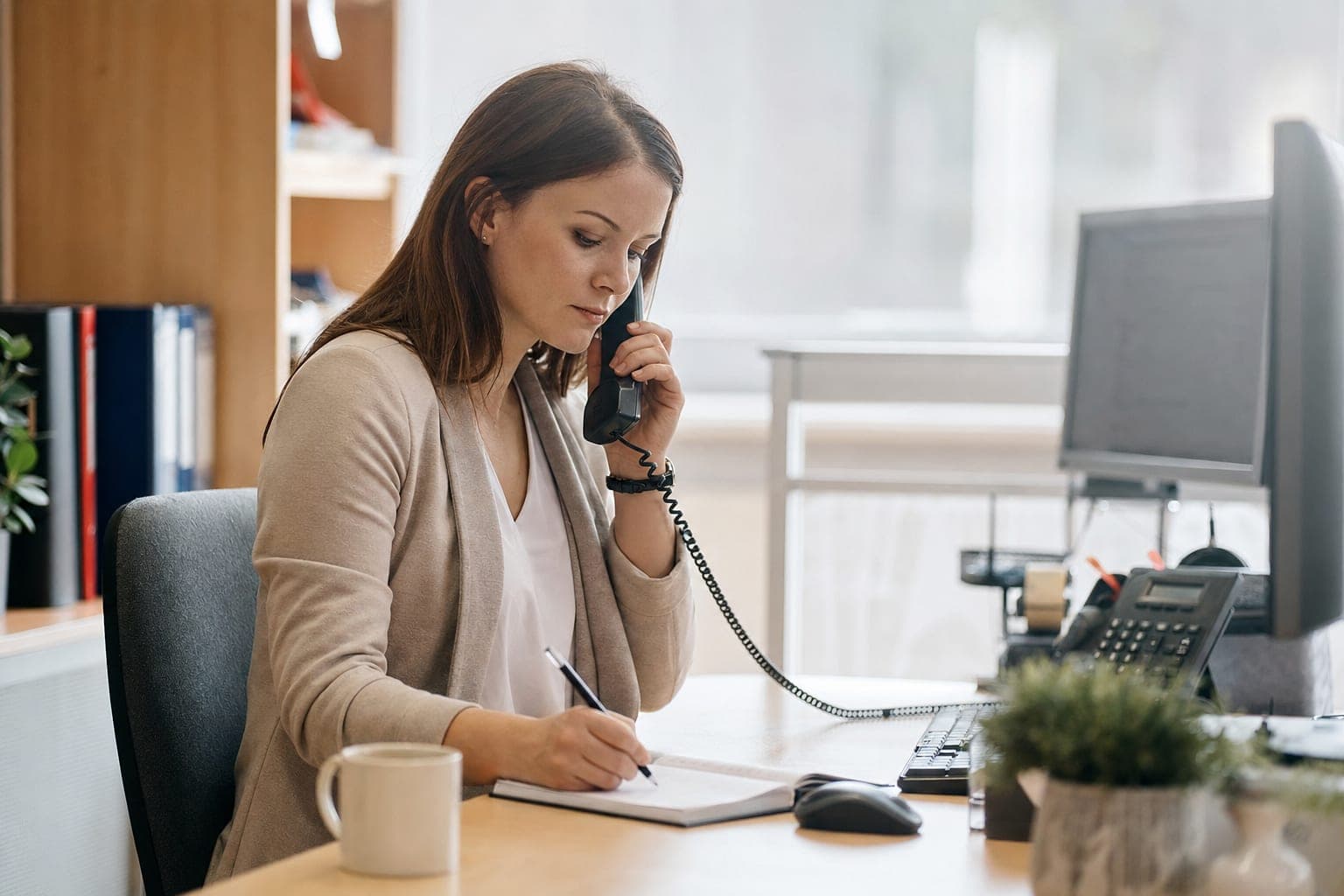 Recruiterin im Telefonat mit Notizblock am Schreibtisch
